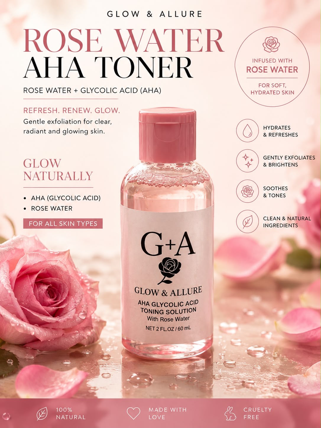 Glow & Allure Rose Water AHA Toner – Glycolic Acid Exfoliating Toner