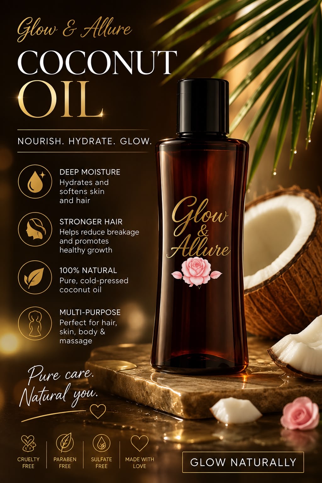 Glow & Allure 100% Natural Coconut Oil – Cold Pressed Multi-Purpose Oil