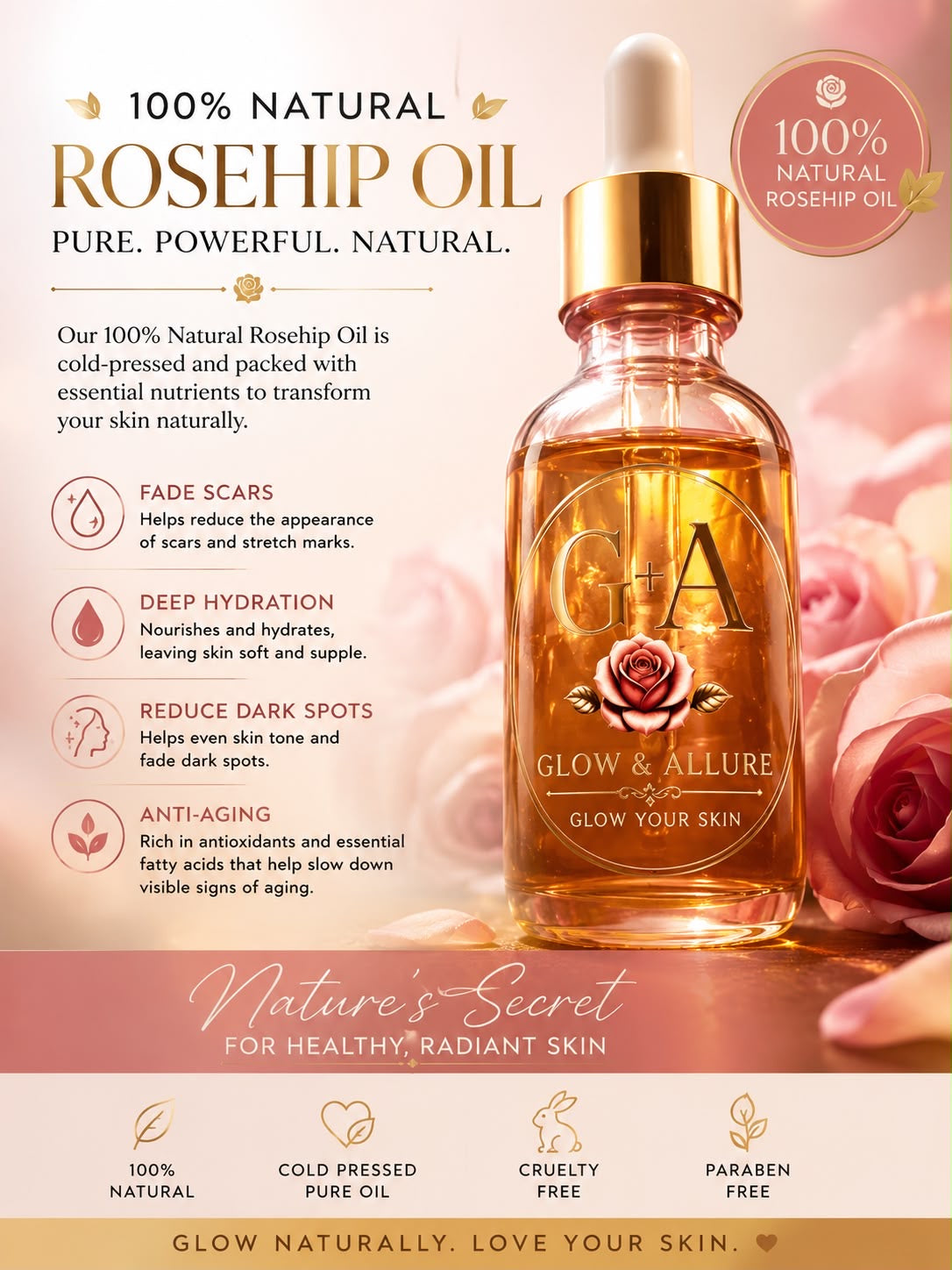 Glow & Allure 100% Natural Rosehip Oil – Cold Pressed Facial Oil